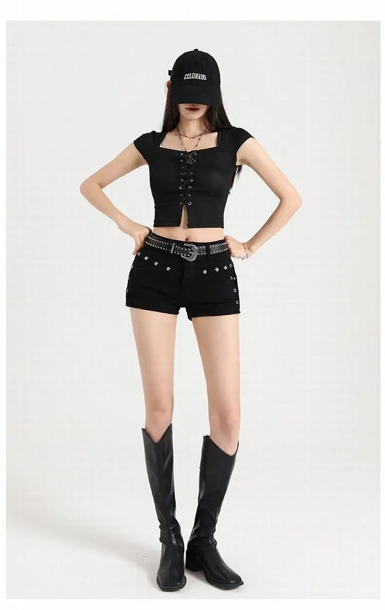 Summer Y2k Sexy Low Waist Mini Denim Shorts Women Vintage Korean Popular Girls Slight Strech Streetwear Gothic Rivet Black Jeans