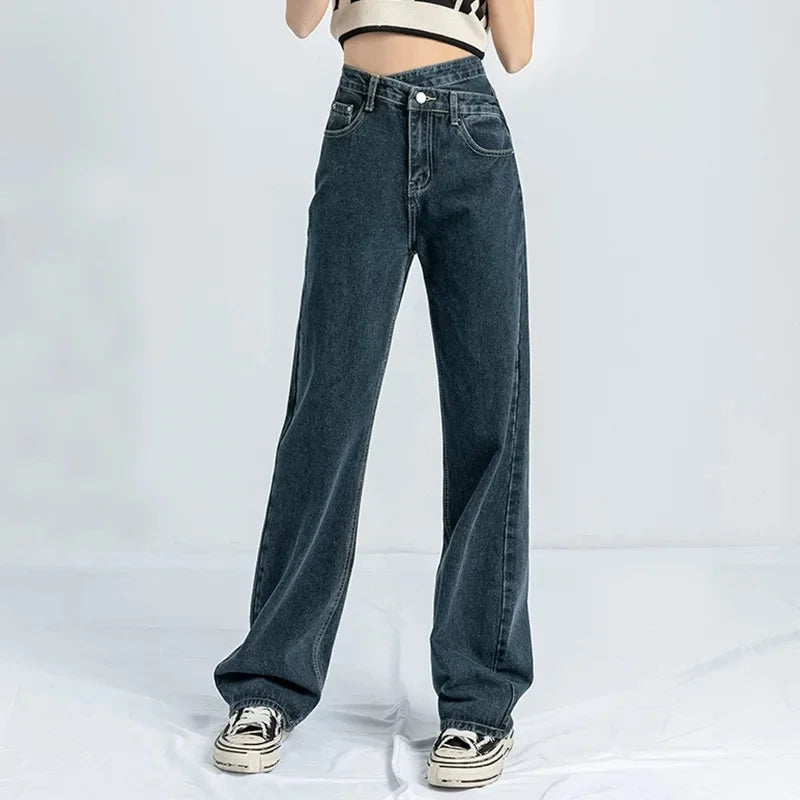 Design Sensibility High-Waisted Slimming Jeans Loose-Fit Straight-Leg Women's Korean Style Tie-Detail Wide-Leg Casual Trousers