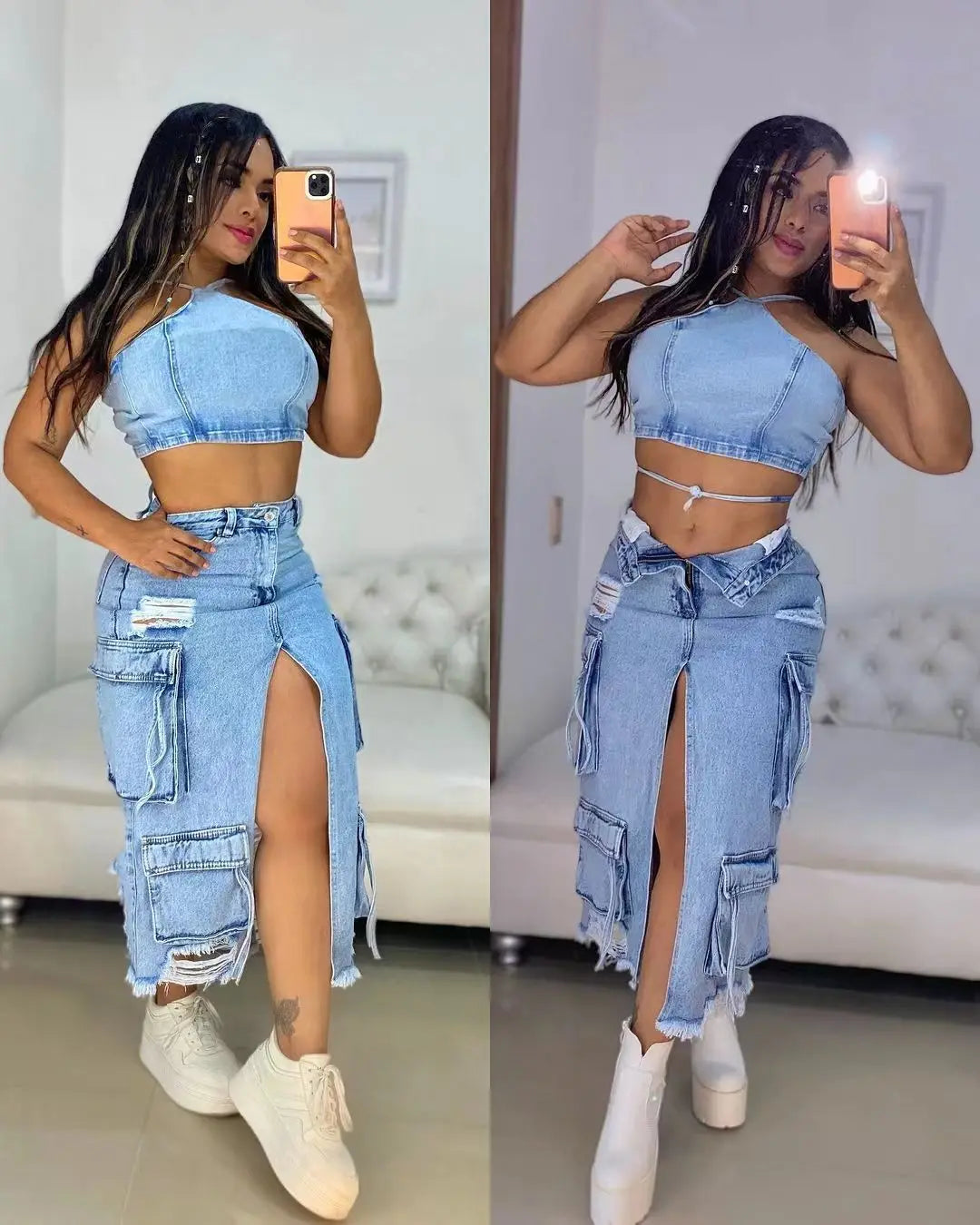 Mid Length Skirts Women Denim Skirt Hole Pockets A Line Slit Slim Y2k Streetwear Elegant Splice Y2k High Waist Summer 2025