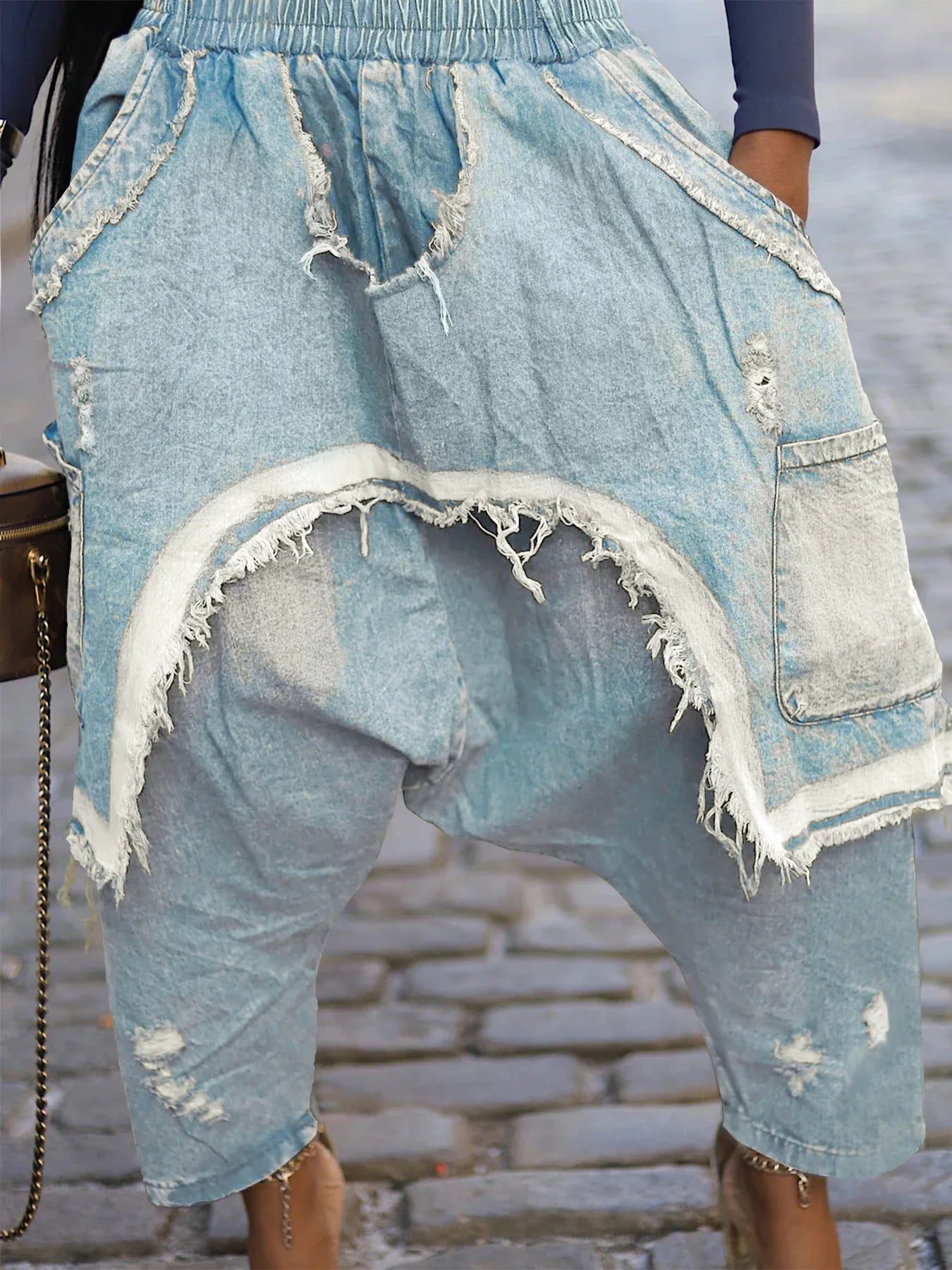 Jeans Women Harem Pants Hole Elastic Waist Tassels Washed Denim Pants Punk Y2k Streetwear 2025 Ripped Ankle Length Trousers