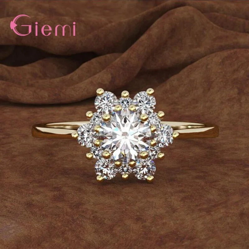 Luxury Female Snowflake Ring Fashion 925 Sterling Silver Crystal Zircon Stone Ring Vintage Wedding Rings For Women