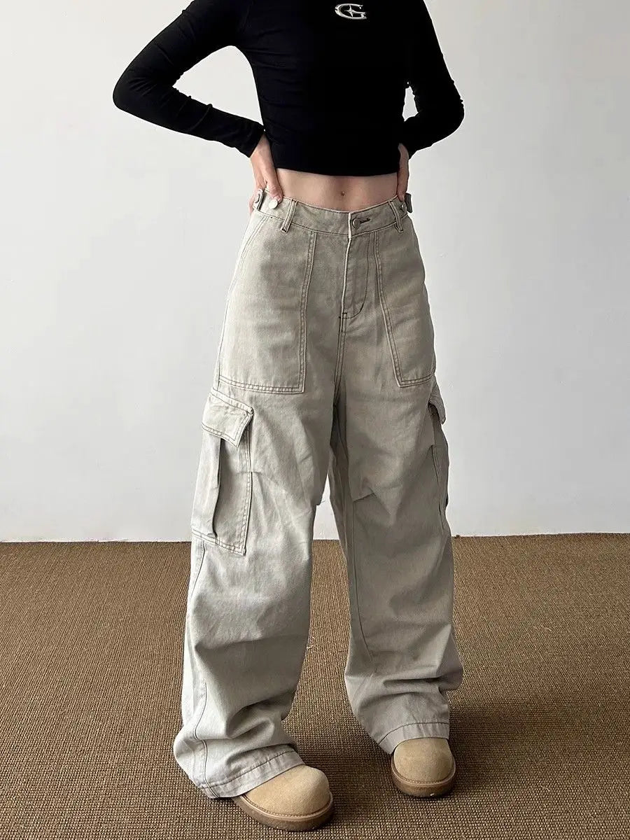 American Retro Multi-pocket Cargo Jeans With Big Pocket Do Old and Washed Jeans Denim Trousers Women Baggy Pants Y2k Clothing