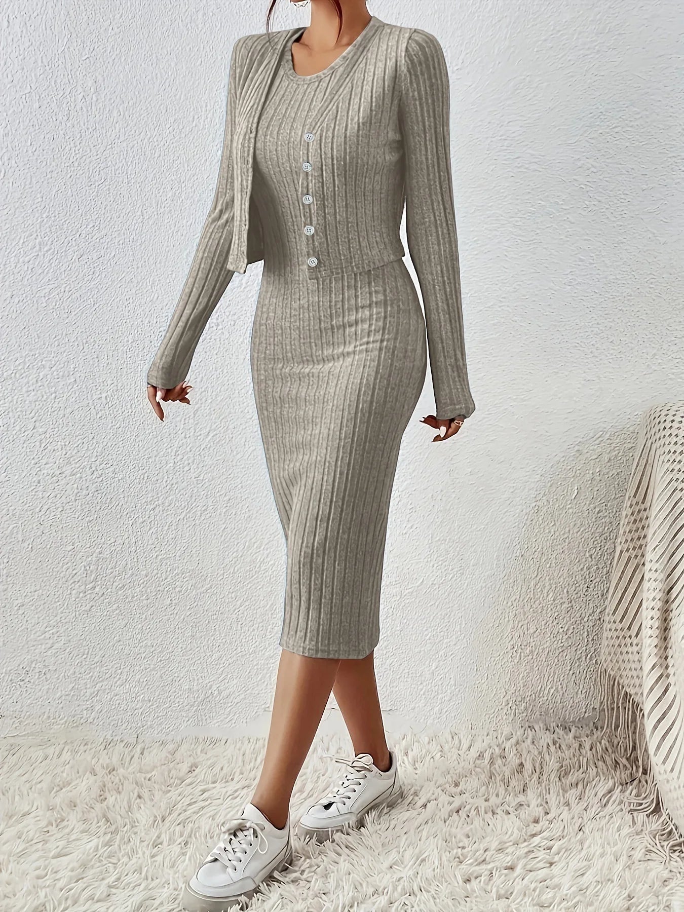 Autumn Winter Women's Clothing New Item Solid Color Fashion Single Breasted Short Top Slim Fit Dress Two-piece Set