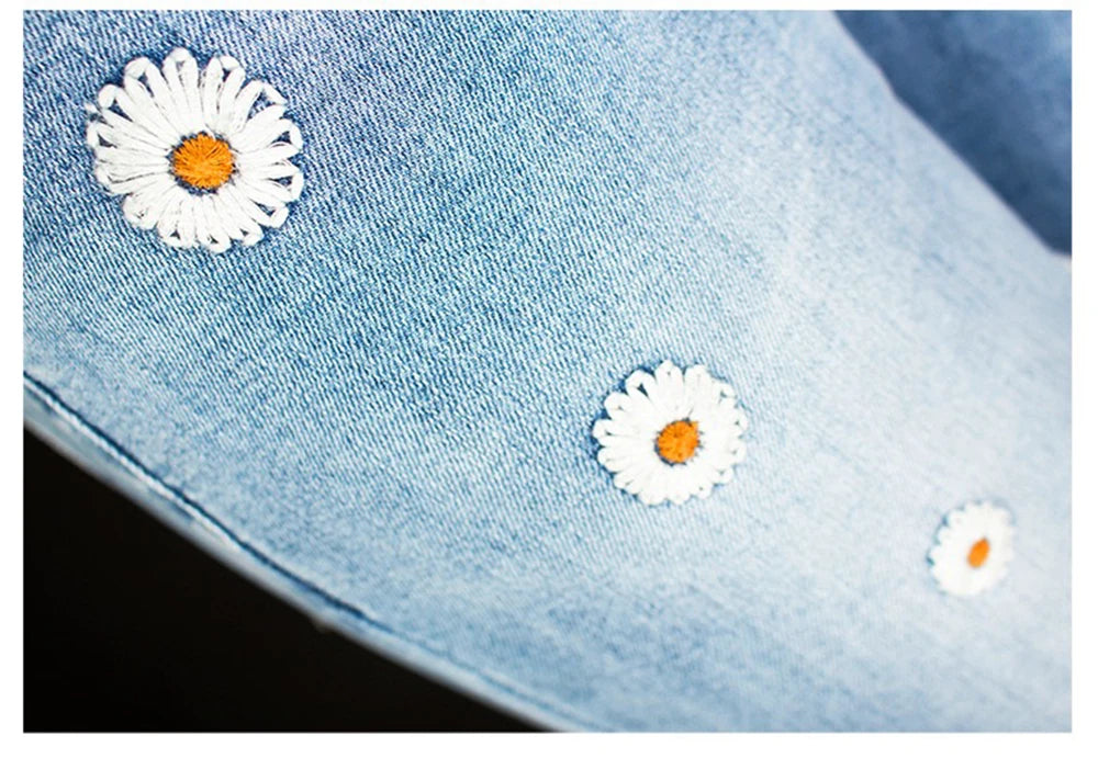 Women's Denim Bell Bottoms High Waist Tight Elastic Long Legs Daisy Embroidered Printed Spicy Girl Slim Straight Jeans UDUE