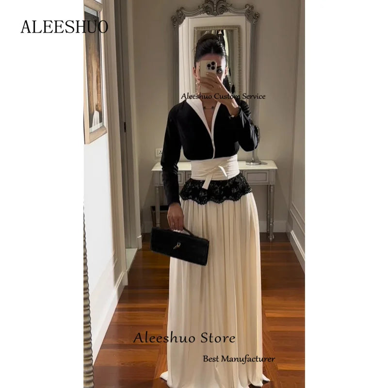Aleeshuo Modern Satin Long Sleeve A-Line Prom Dresses Pleat Lace V-Neck Floor-Length Evening Dress Simple Black Gowns Customized