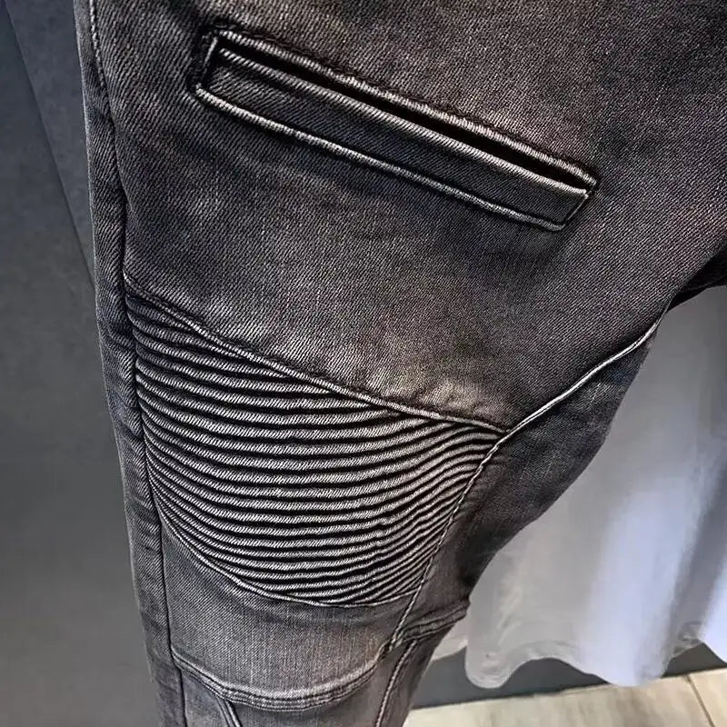 2025 New Autumn Winter Black Grey Men's High-End Motorcycle Long Pants Slim Patchwork Fold Designer Pencil Pants Casual Jeans