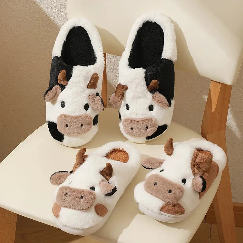 Winter Unisex Cartoon Cow Warm Plush Slippers Couple's Indoor Non-slip House Slides Men And Women Toe Wrap Home Cotton Shoes