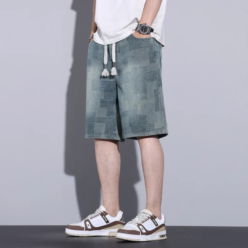 Casual Mens Clothing Baggy Denim Shorts Summer Fashion Starry Sky Pattern Elastic Waist Shorts Men Streetwear Short Jeans Korean