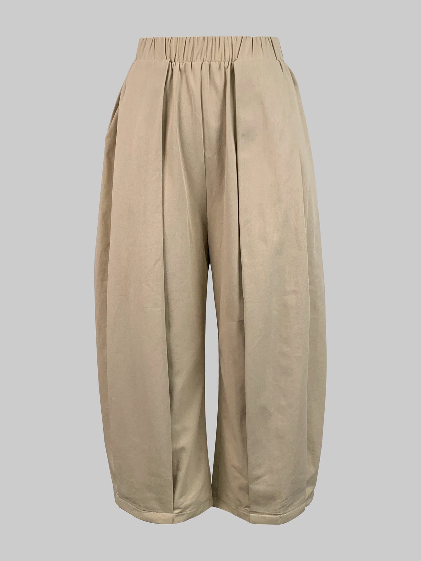 Beautyblue Khaki Women's Pants Wide-leg Capri Pants Summer New Fashion Loose Pocket Elastic Waist Loose Cotton Cropped Trousers