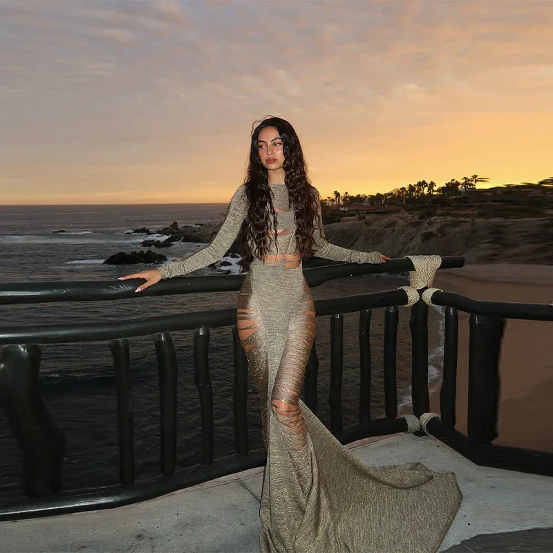 Sexy Hollow Out Evening Party Maxi Dress For Women Long Sleeve Backless Slimming High Waist Luxury Robe 2025 New Summer Y2k