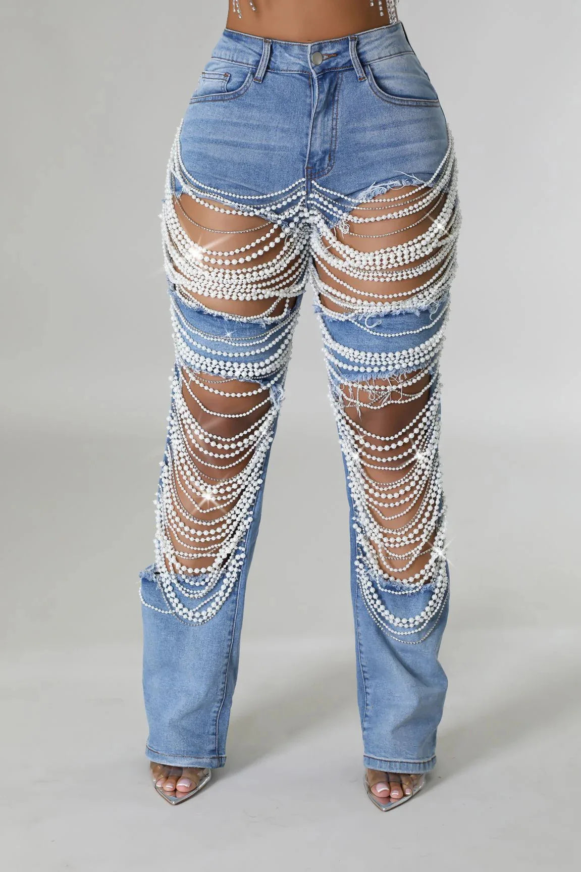 Ripped Jeans for Women Straight Pants Diamonds Chain Stretch Distressed High Waist Floor Length 2025 Streetwear Denim Trousers