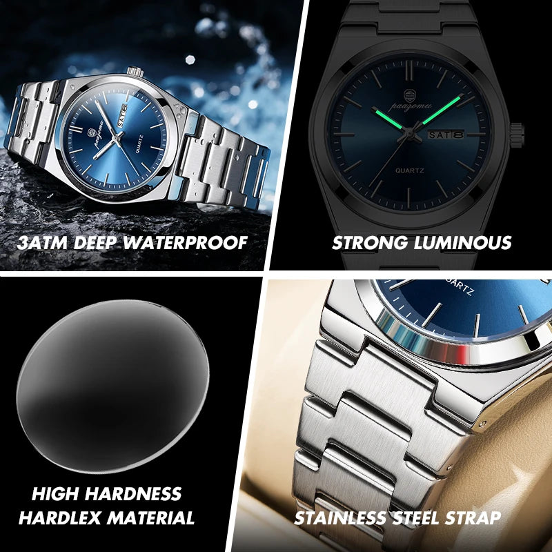 PENGAGAR Luxury Men Watch Date Week Waterproof Luminous Stainless Steel Watch For Man Casual Quartz Men's Watches Male Sport+Box