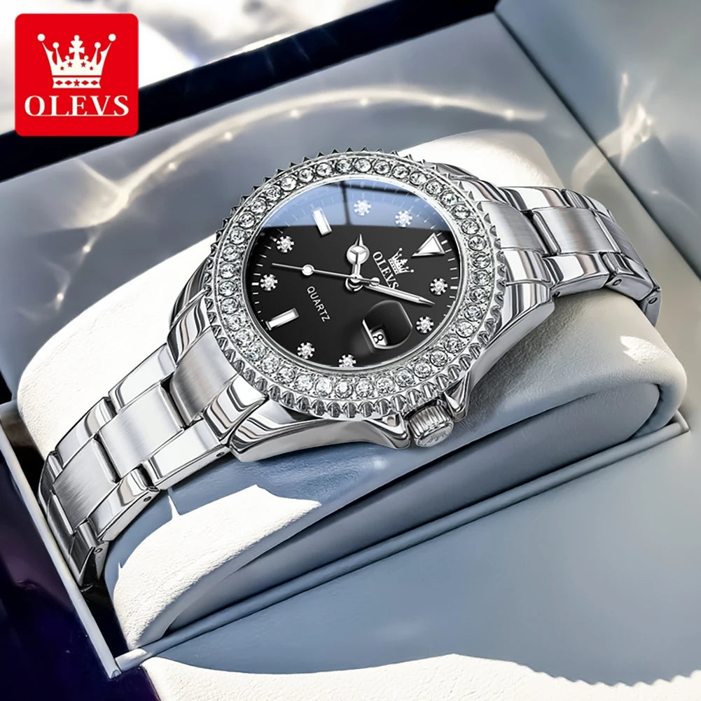 OLEVS Luxury Fashion Women's Watches Diamond Dial Luminous Quartz Watch Elegant Date Stainless Steel Original Brand Wrist Watch