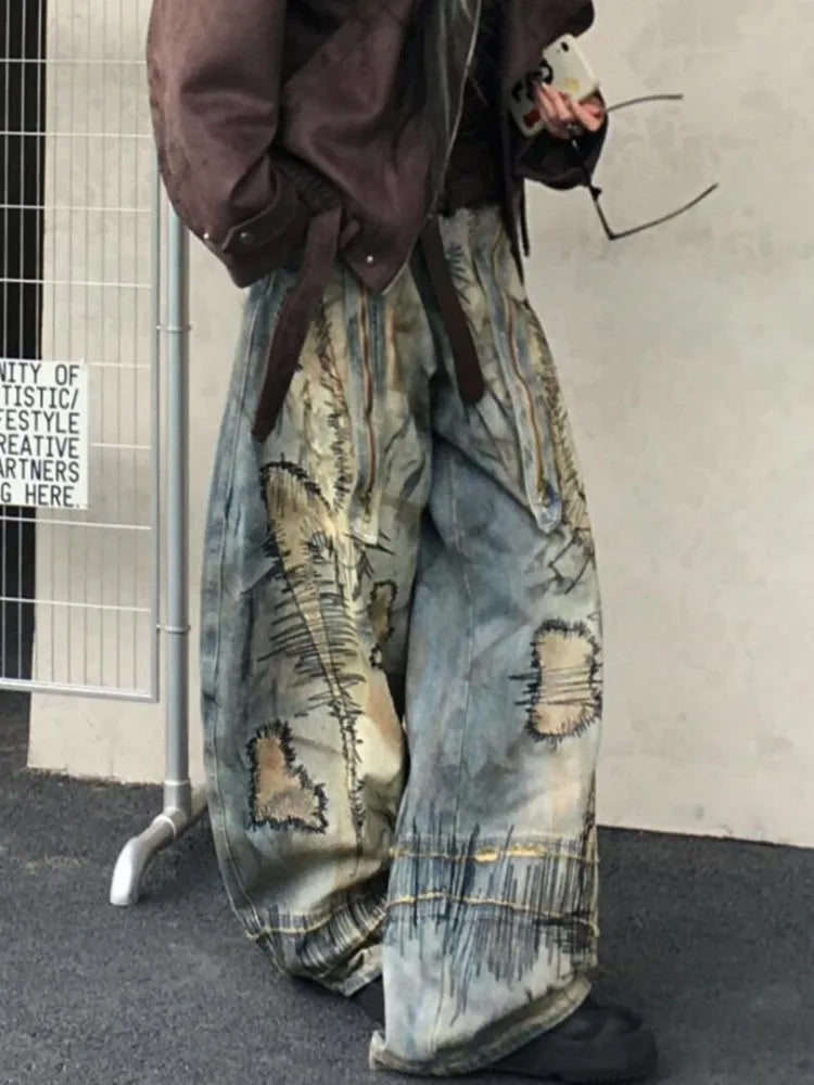 Casual Y2K Washed Retro Denim Trouser American Grunge Full Length Street Jean Women's Emo Pockets Hip-hop Baggy Mop Pants