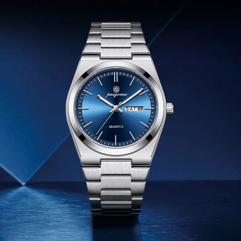 PENGAGAR Luxury Men Watch Date Week Waterproof Luminous Stainless Steel Watch For Man Casual Quartz Men's Watches Male Sport+Box