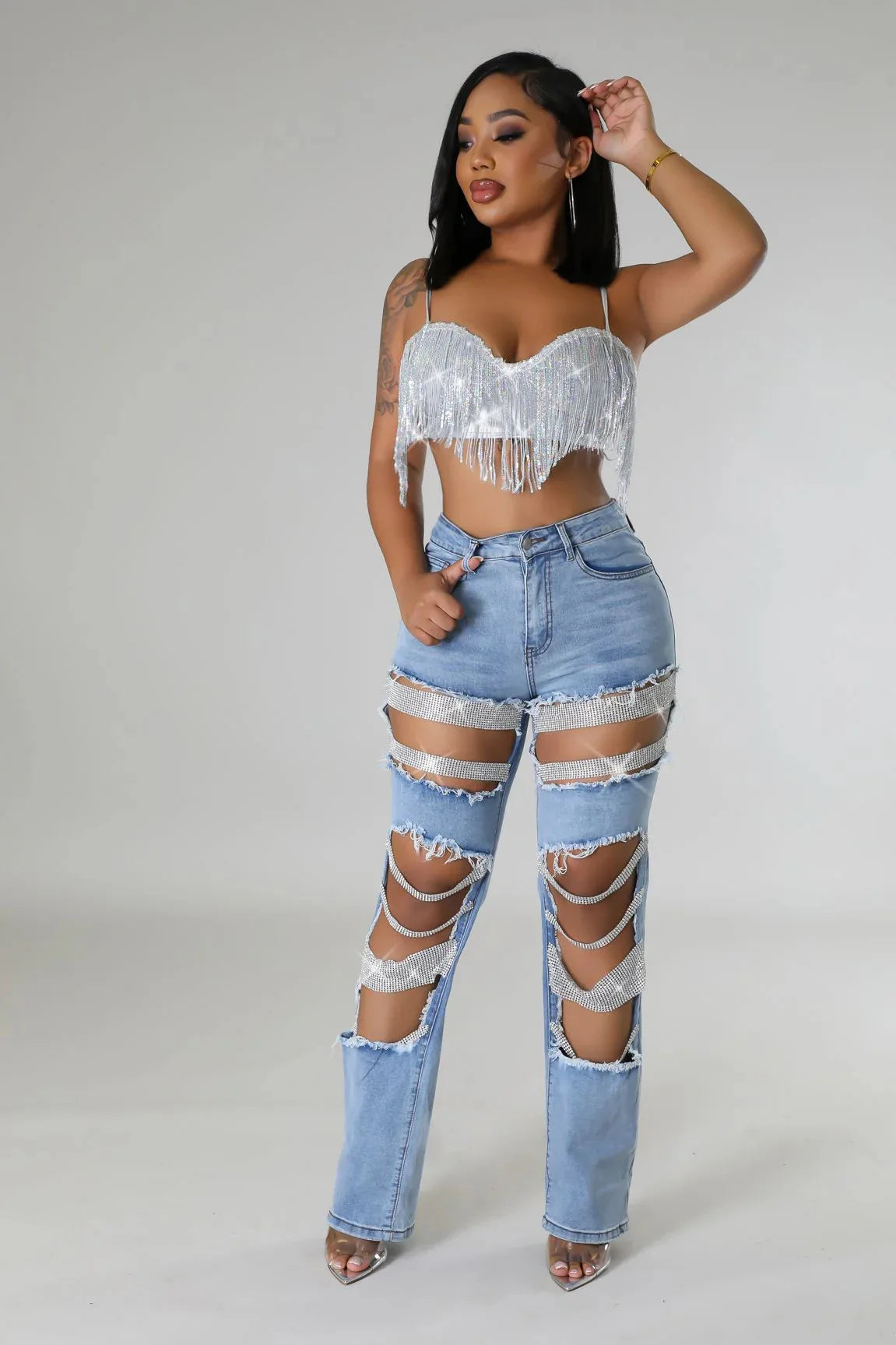 Ripped Jeans for Women Straight Pants Diamonds Chain Stretch Distressed High Waist Floor Length 2025 Streetwear Denim Trousers