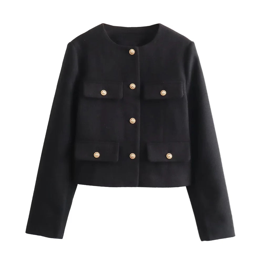 UNIZERA Winter New Product Women's Fashion and Casual Versatile Round Neck Flip Decoration Short Suit Coat