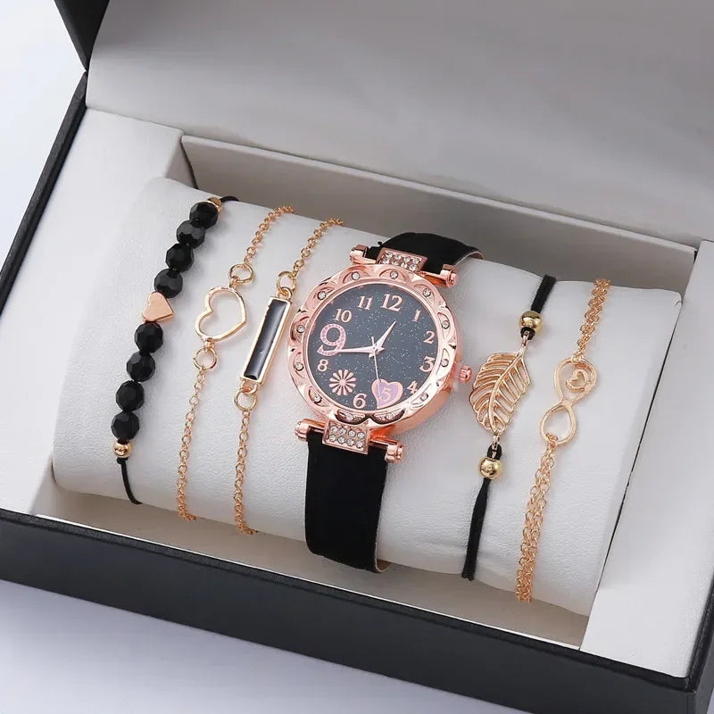 6PCS Set Watch For Women Luxury Leather Analog Ladies Quartz Wrist Watch Fashion Bracelet Watch Set Female Relogio Feminino
