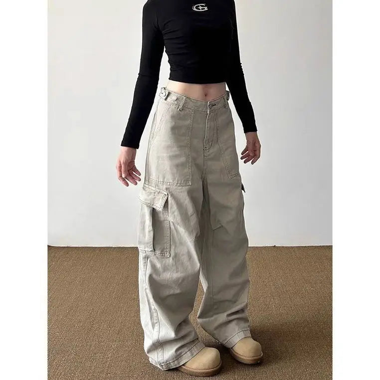 American Retro Multi-pocket Cargo Jeans With Big Pocket Do Old and Washed Jeans Denim Trousers Women Baggy Pants Y2k Clothing