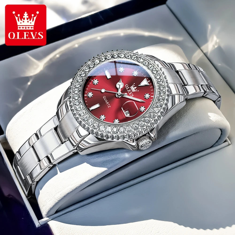OLEVS Luxury Fashion Women's Watches Diamond Dial Luminous Quartz Watch Elegant Date Stainless Steel Original Brand Wrist Watch