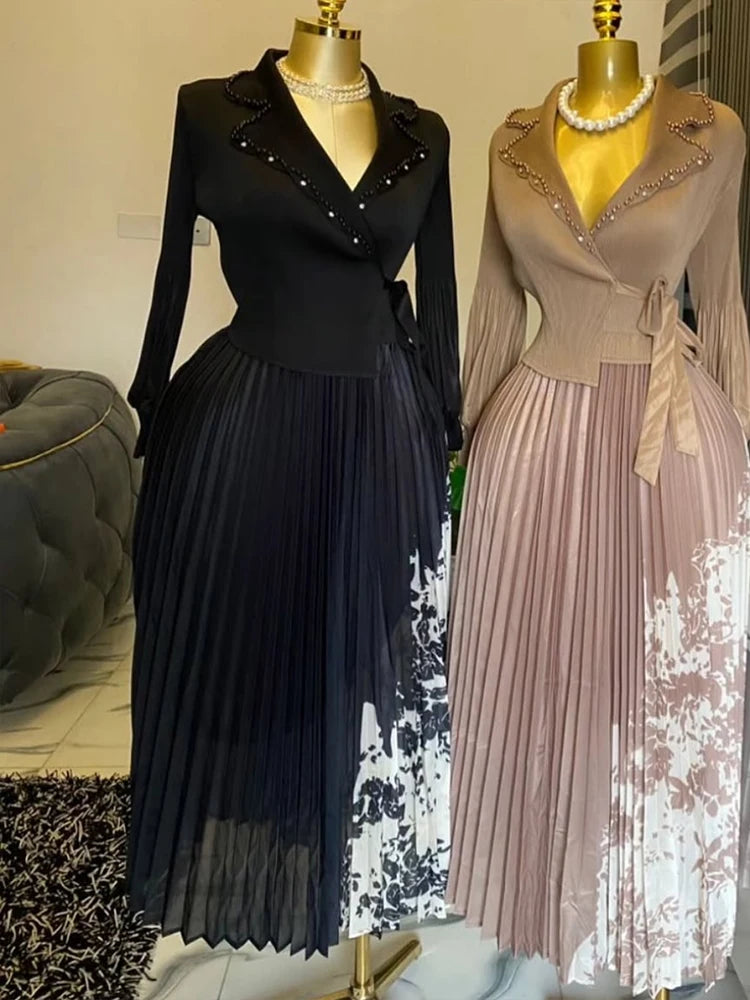 EGRM 2025 Spring New Pleated A-line Dress elegant Suit Collar Mid To Long Style Waist Cinching Slimming Women Folds Skirt 6G5972