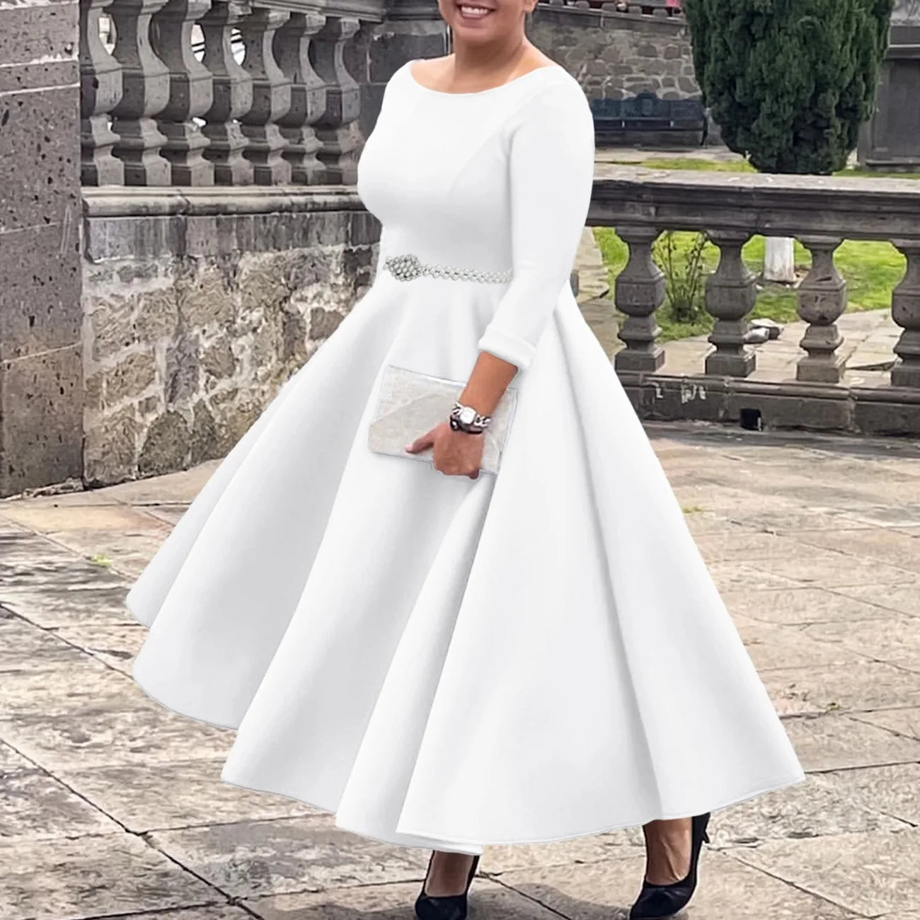Luxury Dresses for Woman O Neck Full Sleeve Belt Waisted High Waisted Pleated A Line Ankle Length Elegant Female Birthday Gowns