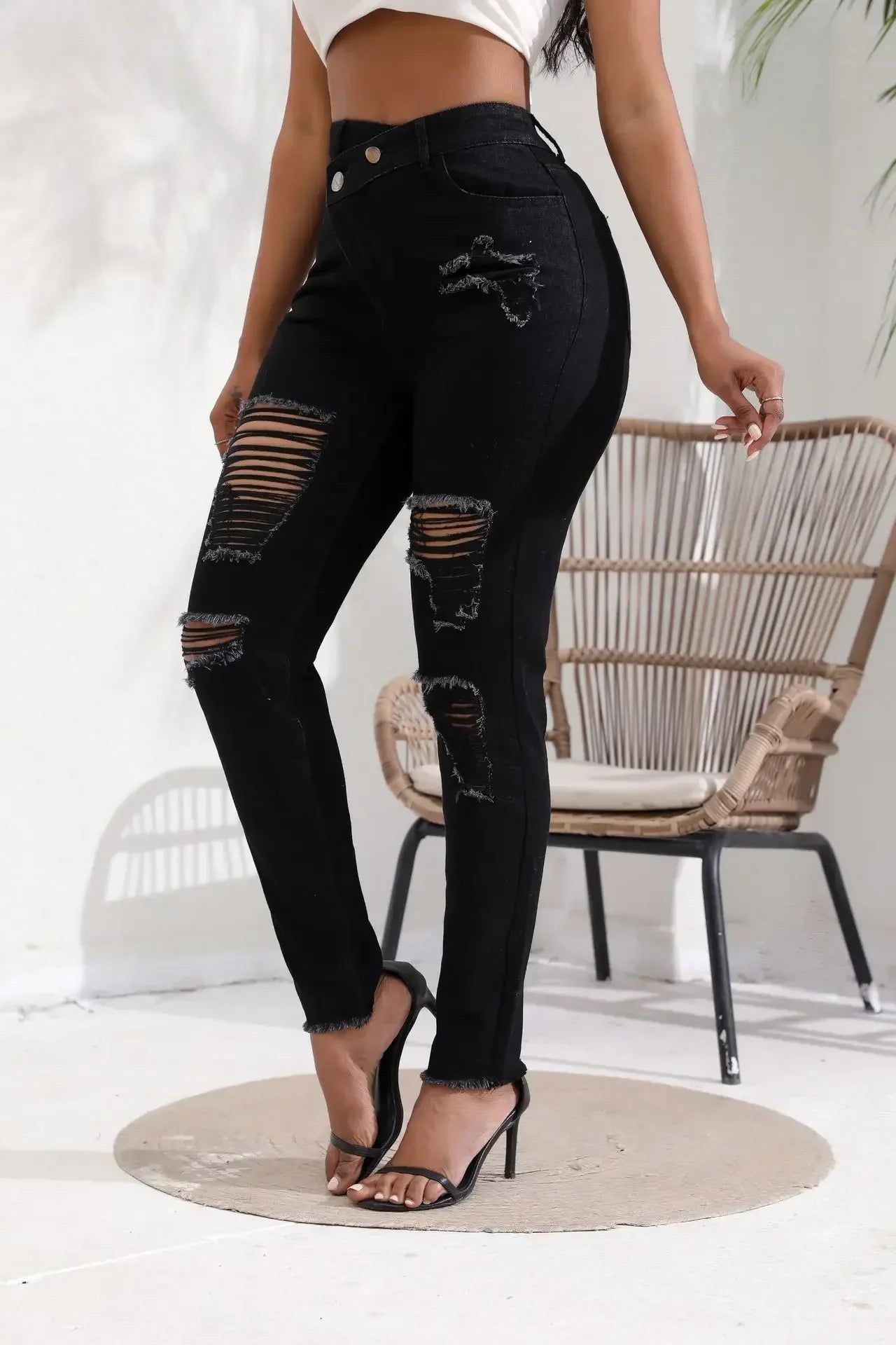 Women Jeans Denim pant High Waist Pencil Pants Holes Slim Fit Pockets Sexy Streetwear Solid Sheath Distressed Ankle Length 2025