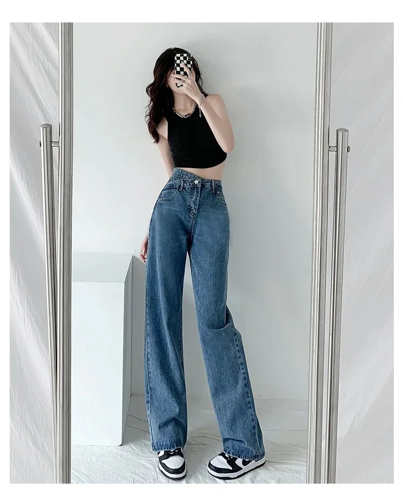 Design Sensibility High-Waisted Slimming Jeans Loose-Fit Straight-Leg Women's Korean Style Tie-Detail Wide-Leg Casual Trousers