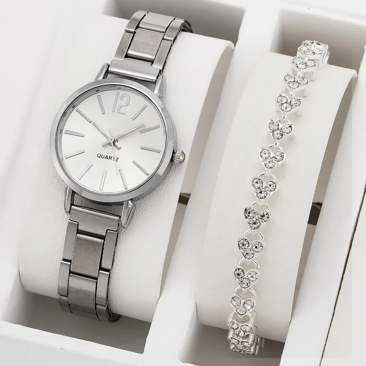 Fashion Women Elagant Watch Casual Simple Steel Strap Quartz Watch Love Bracelet 2pcs Set Luxury Temperament Wristwatch Reloj