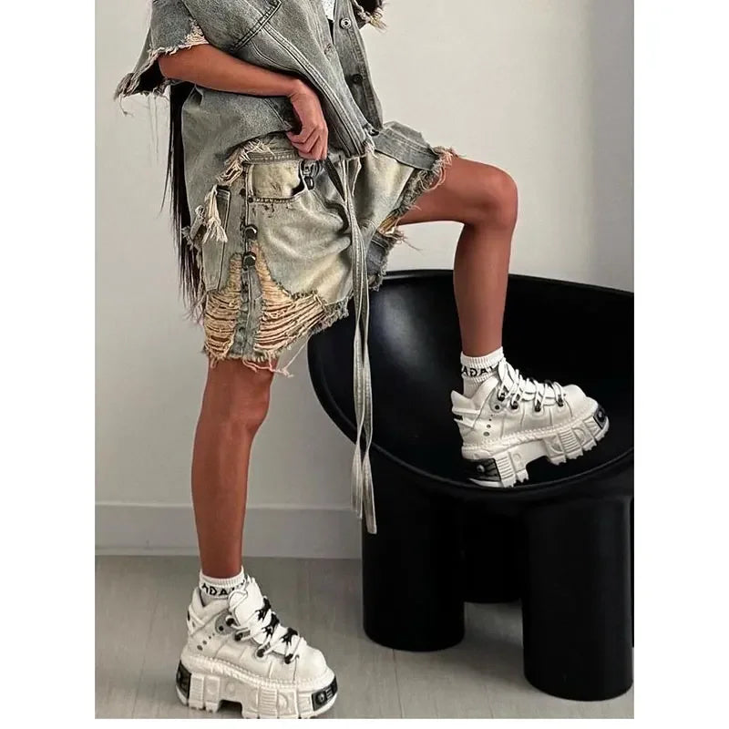 Women's Vintage Ripped Harajuku Loose Fit Jeans Y2K Damage Emo Trashy Calf-Length Pants Kpop Baggy Washed Denim Trouser