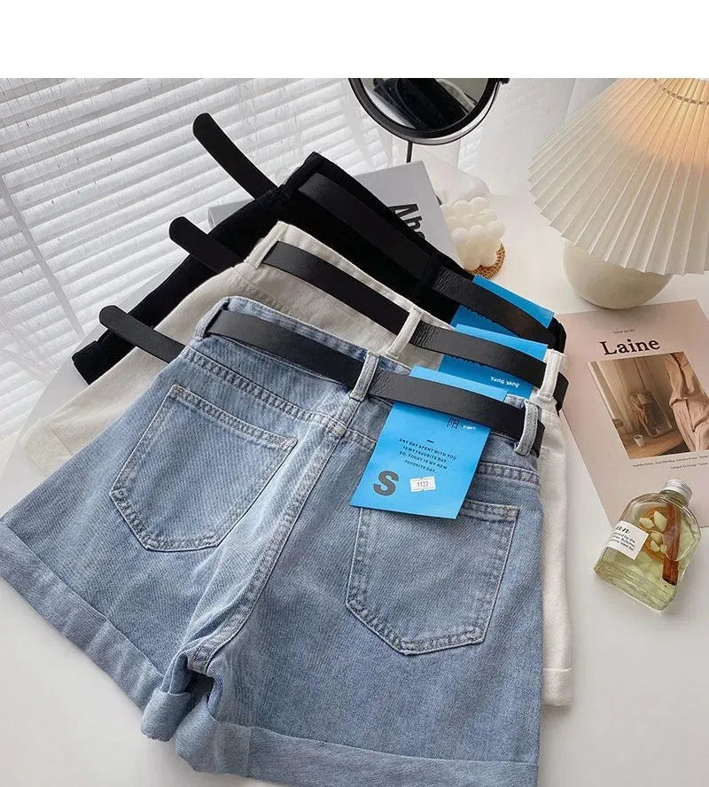 2022 New Spring Summer High-Waisted Slimming A- Line Denim Shorts Women's Loose-Fit Casual Heat Pants Rolled Edge Design