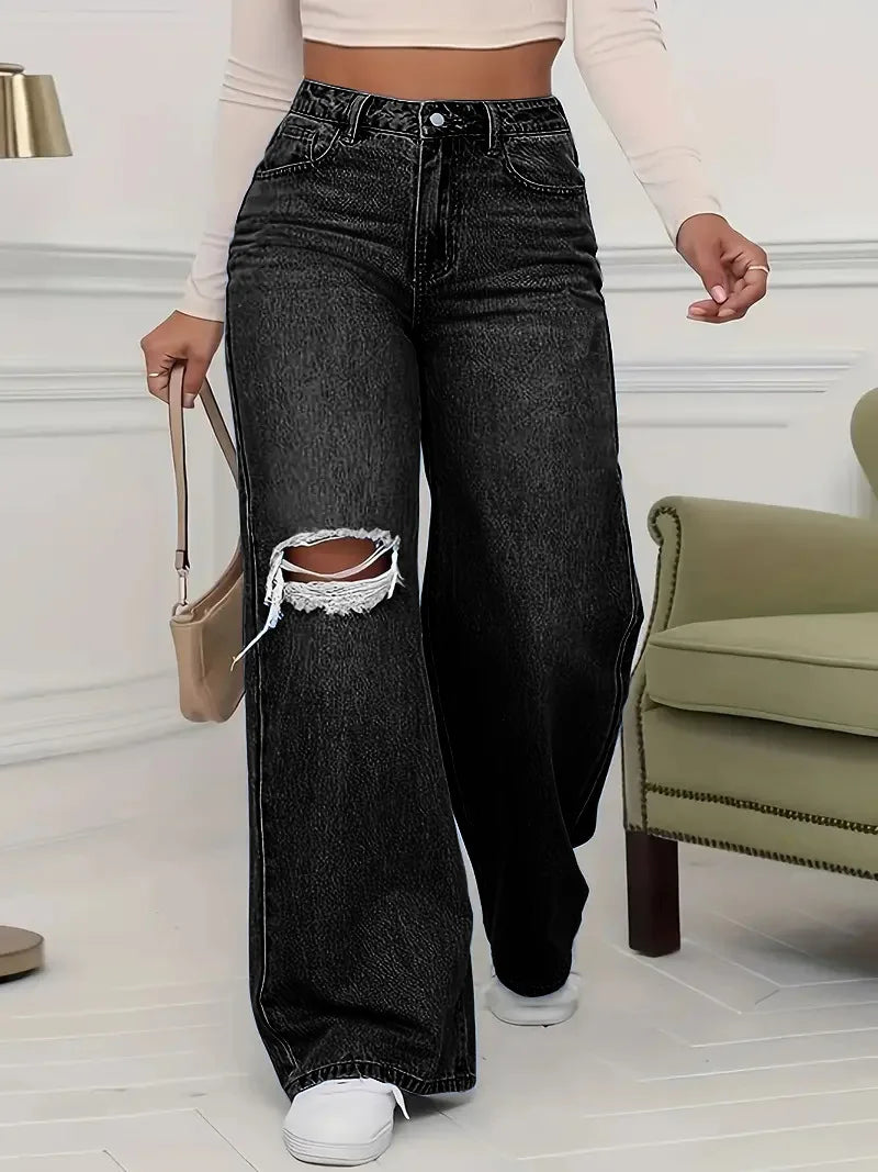 Washed Personality Hole Loose High Waist Denim Wide-leg Pants,Women's Four Seasons New Classic Fashion Casual Floor-length Jeans