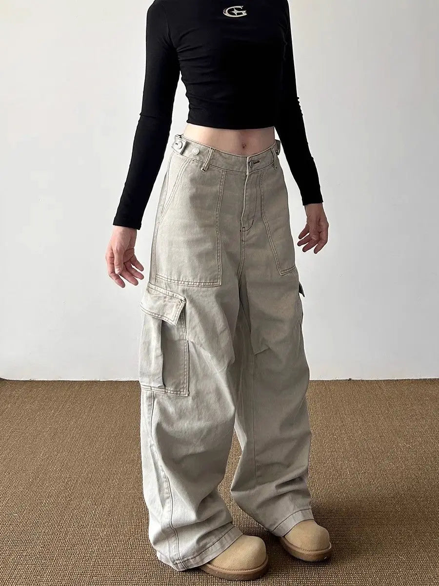 American Retro Multi-pocket Cargo Jeans With Big Pocket Do Old and Washed Jeans Denim Trousers Women Baggy Pants Y2k Clothing