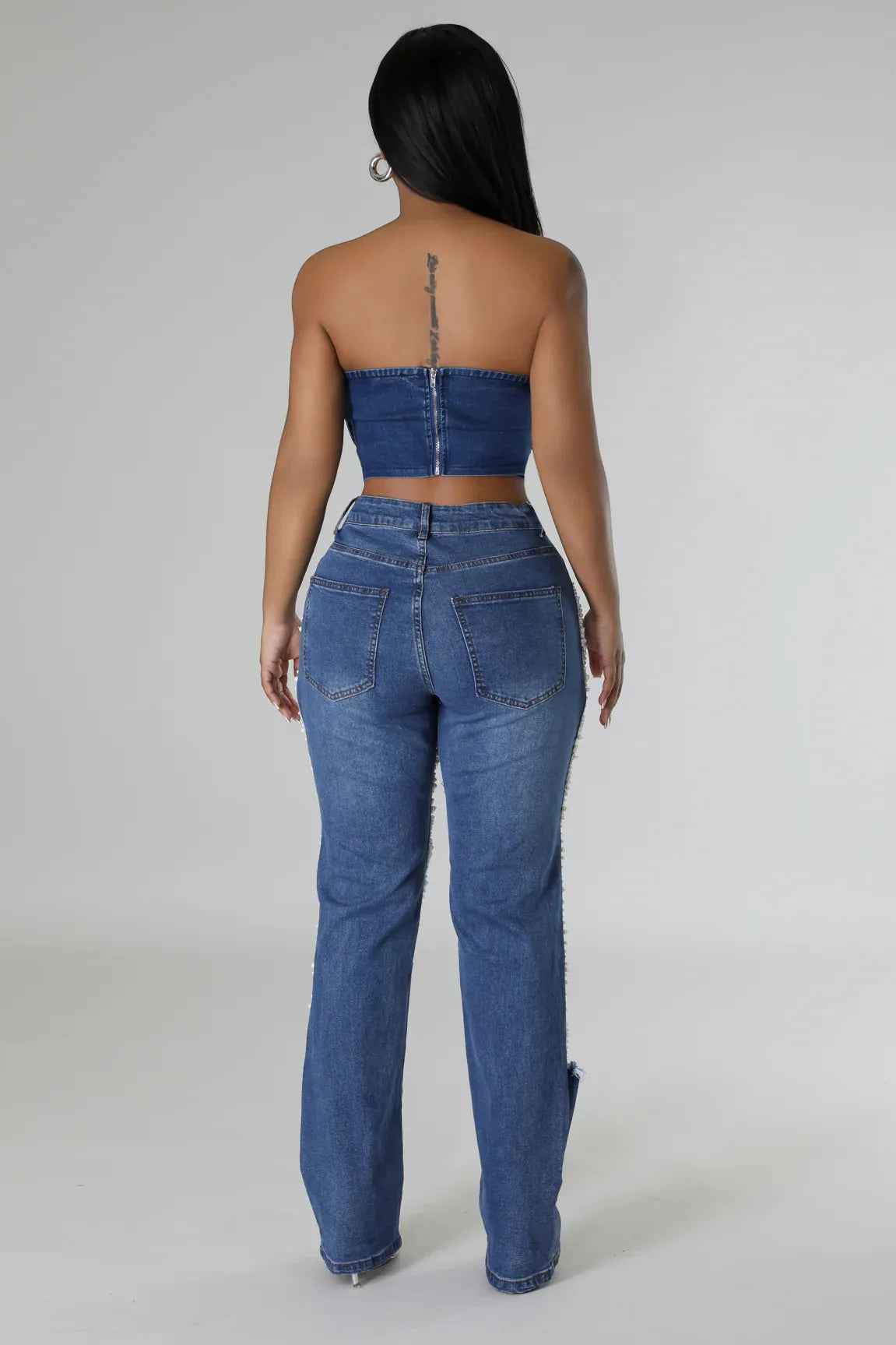 Ripped Jeans for Women Straight Pants Diamonds Chain Stretch Distressed High Waist Floor Length 2025 Streetwear Denim Trousers