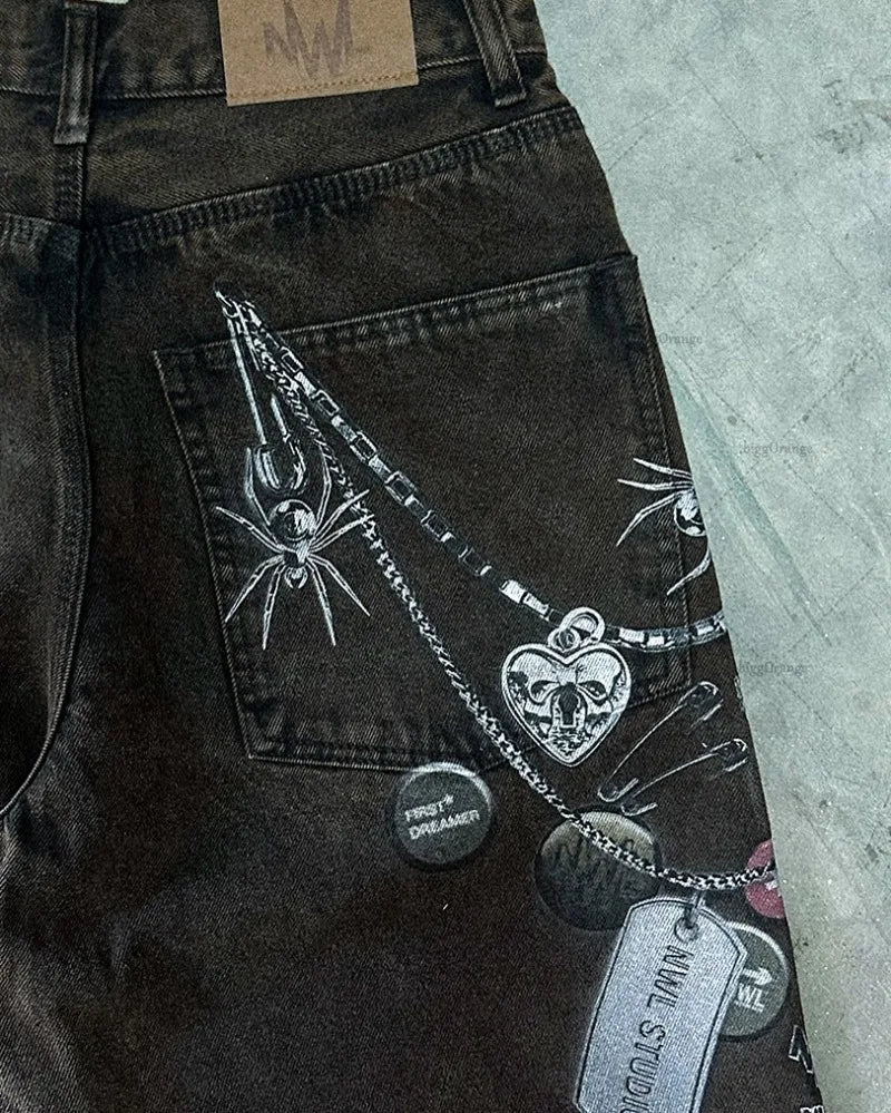 Hip-hop Harajuku Chain 3D Printed Graphic Jeans Men Gothic Y2K Streetwear Straight Trousers Women Trendy Wide-leg Scimitar Pants