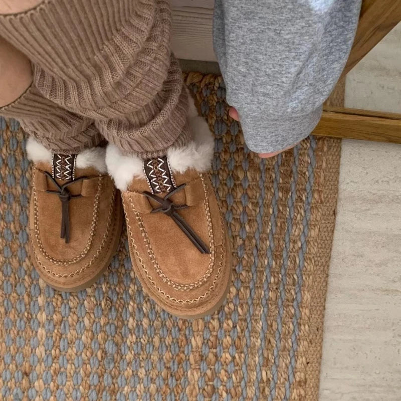 Genuine natural fur bare boots 2025 new winter flat wool shoes thick bottom lace decorative casual half drag Baotou drag