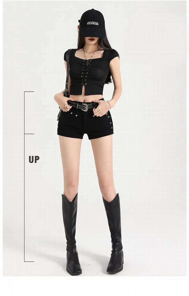 Summer Y2k Sexy Low Waist Mini Denim Shorts Women Vintage Korean Popular Girls Slight Strech Streetwear Gothic Rivet Black Jeans