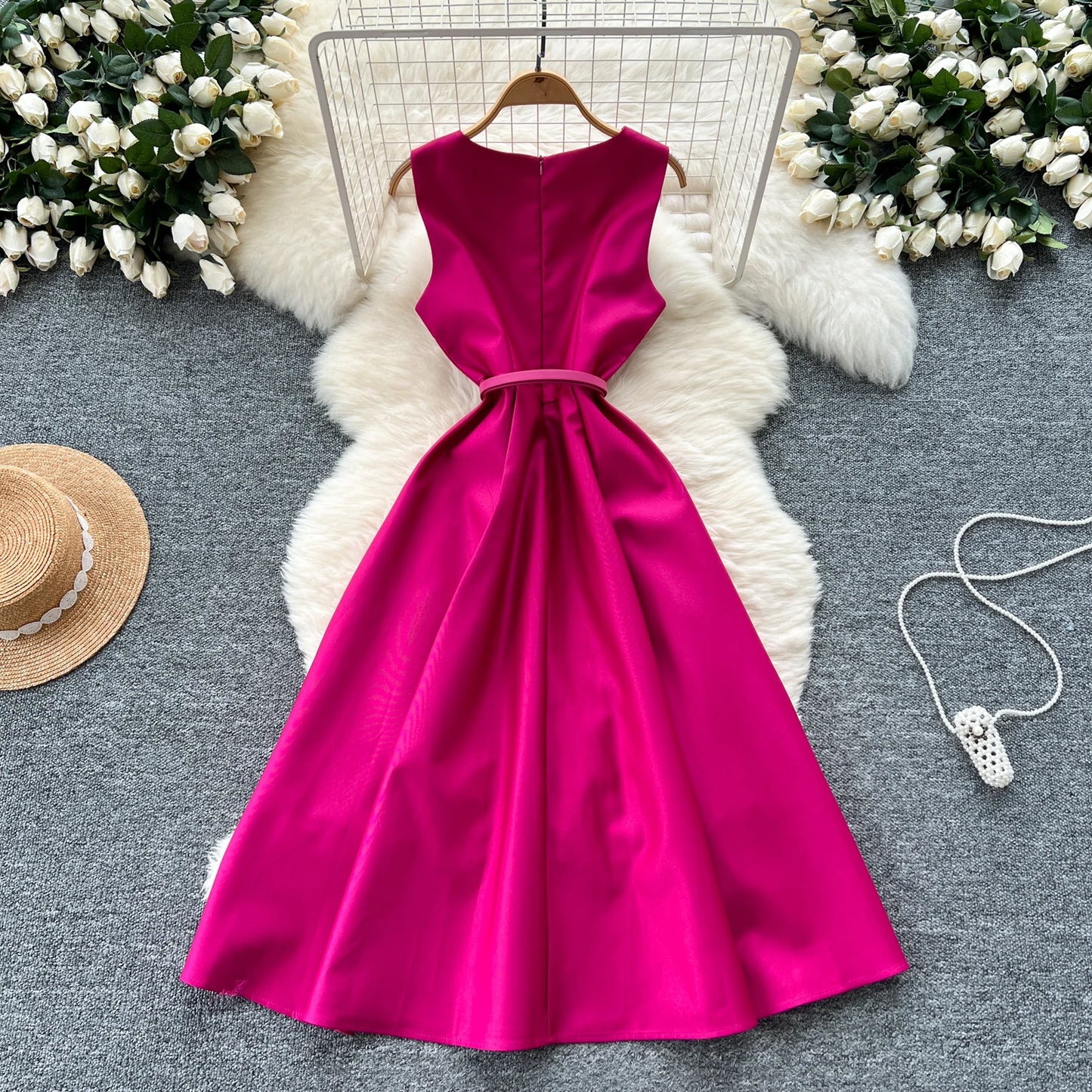 Chic O-Neck Vintage sleeveless Elegant evening dress High Waist Korean Fashion Vestidos women clothing