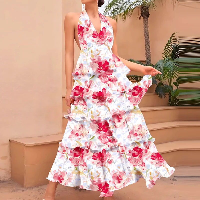 Summer New Floral Printed Halter Dress Sexy Deep V Sleeveless Backless Evening Dresses Temperament High Waisted Lace Up Dresses
