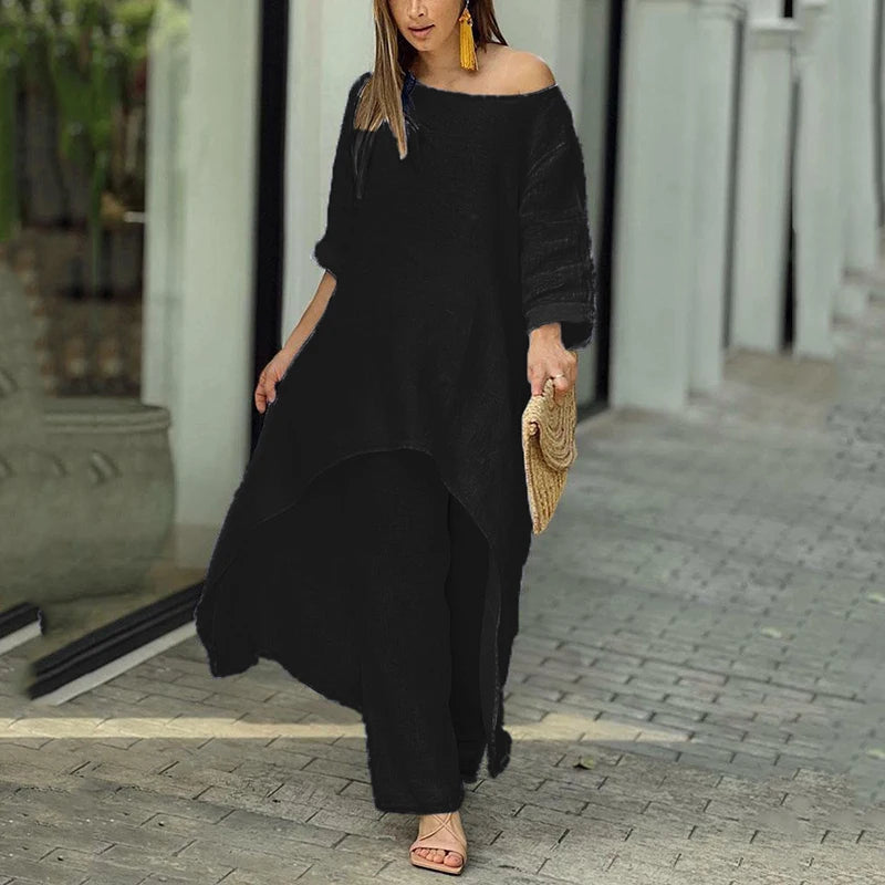 2023 Women Spring Summer O-neck Long Sleeve Irregular Solid Top And Wide Leg Trousers Two Piece Sets Fashion Elegant Female Suit