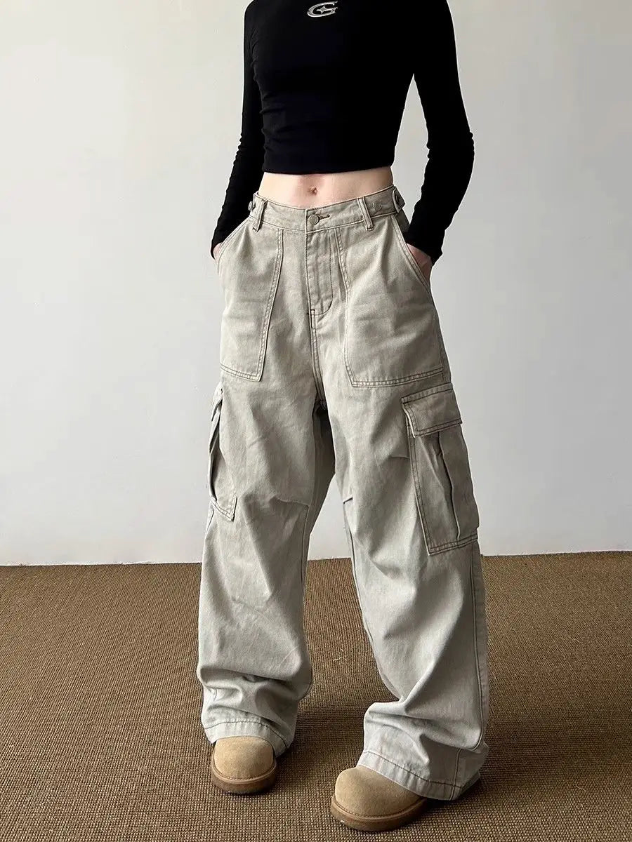 American Retro Multi-pocket Cargo Jeans With Big Pocket Do Old and Washed Jeans Denim Trousers Women Baggy Pants Y2k Clothing