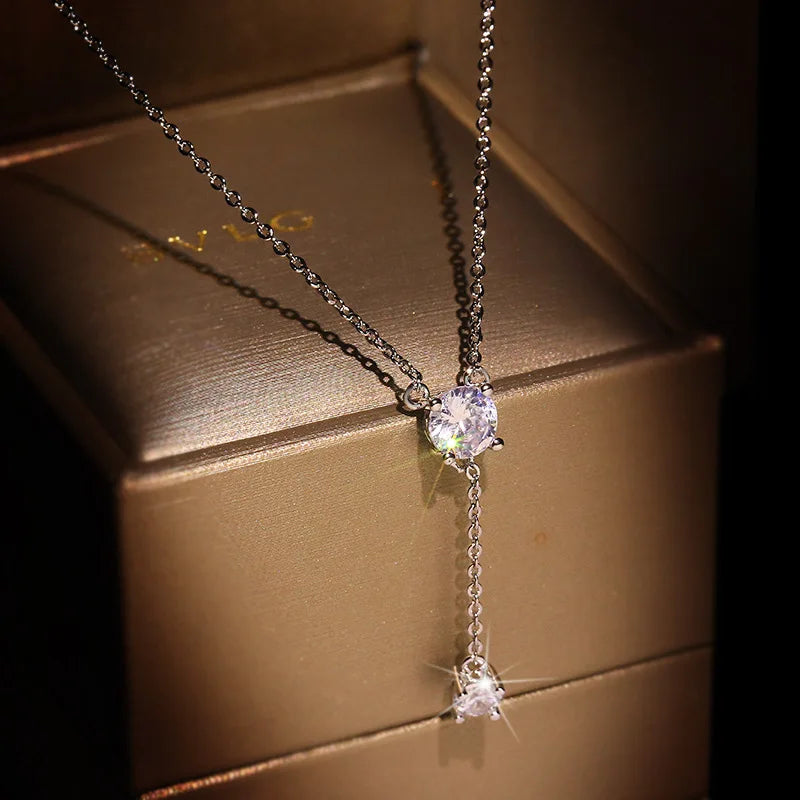 925 Silver Women's Luxury Zircon Pendant Necklace Round Cut Cubic Zirconia Necklace Charms Bride Wedding Chain Necklace Gift