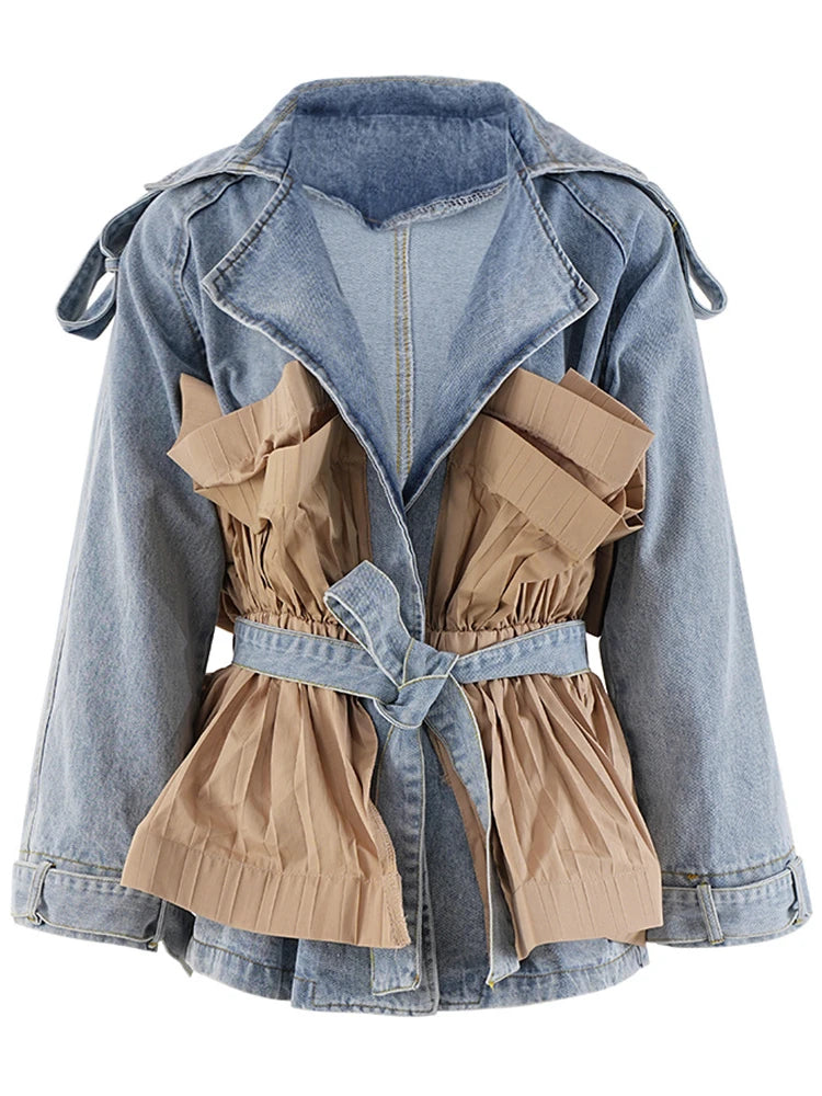 Denim Jacket for Women Ruffles Patchwork Spliced Lace Up Turn Down Collar Full Sleeve Coat Jackets 2025 Streetwear Outerwear