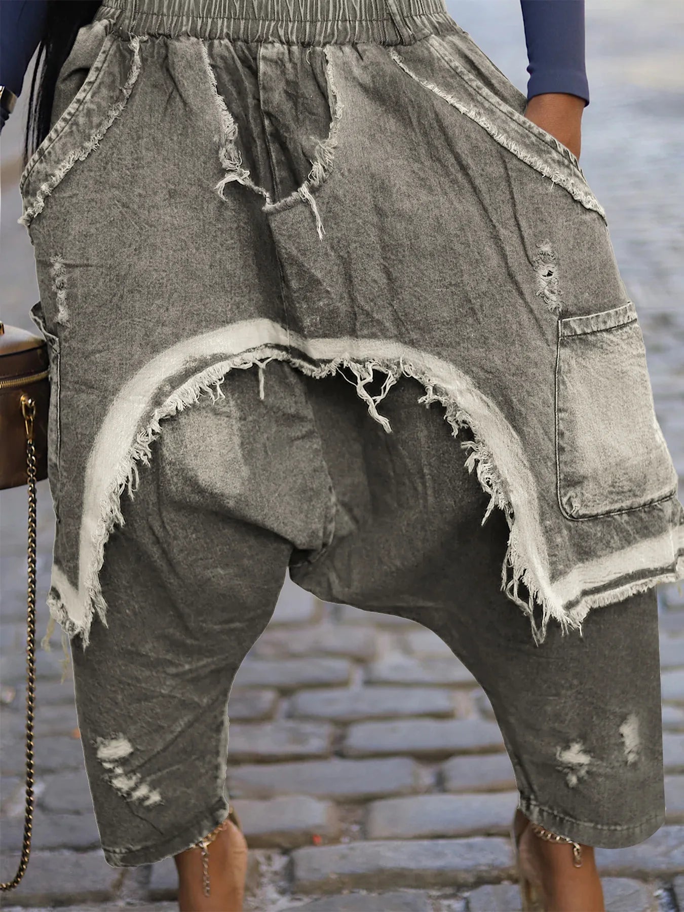 Jeans Women Harem Pants Hole Elastic Waist Tassels Washed Denim Pants Punk Y2k Streetwear 2025 Ripped Ankle Length Trousers