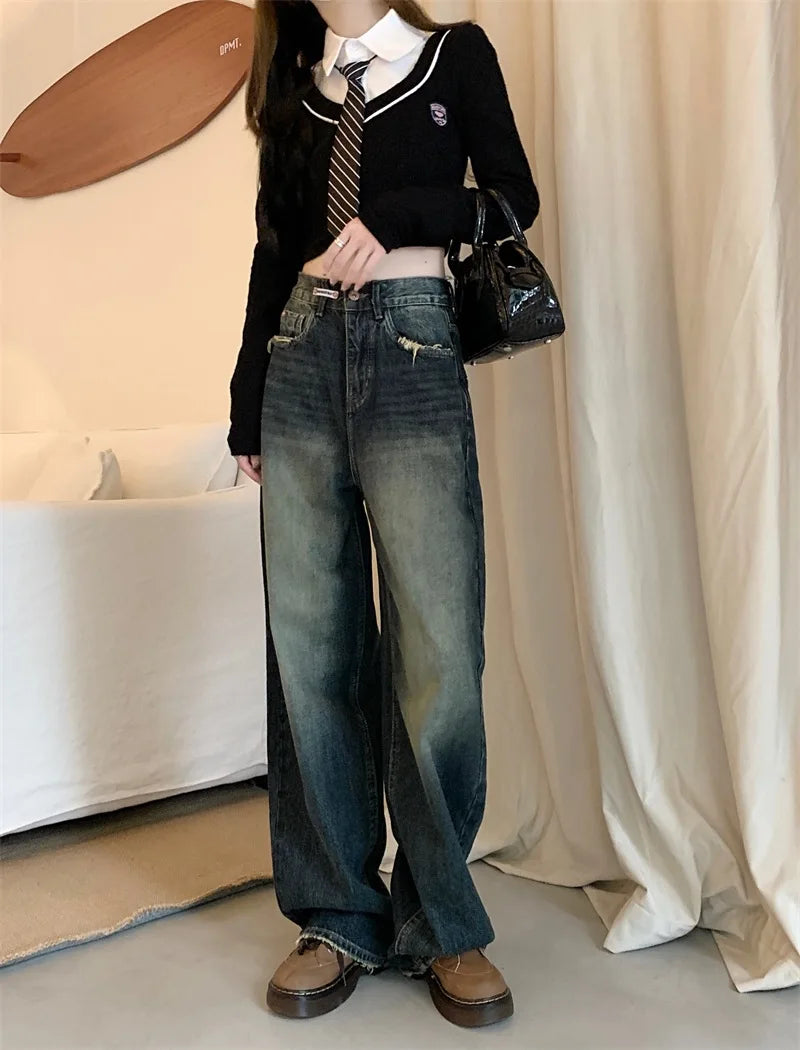 Women's Harajuku Style Loose Wide Leg Jeans Autumn Winter Street Fashion Retro Straight Loose Denim Trousers 