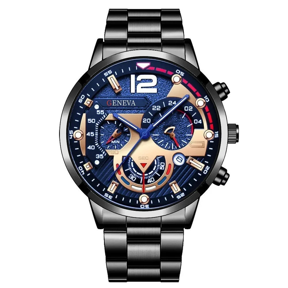 4pcs Luxury Men Business Quartz Watch Gold Alloy Roman with Calendar Wrist Watch Cross Necklace Bracelet Ring Set Men's Gift