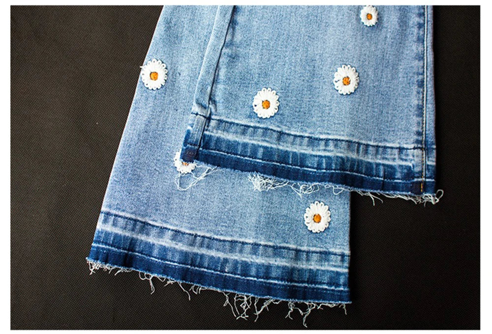 Women's Denim Bell Bottoms High Waist Tight Elastic Long Legs Daisy Embroidered Printed Spicy Girl Slim Straight Jeans UDUE