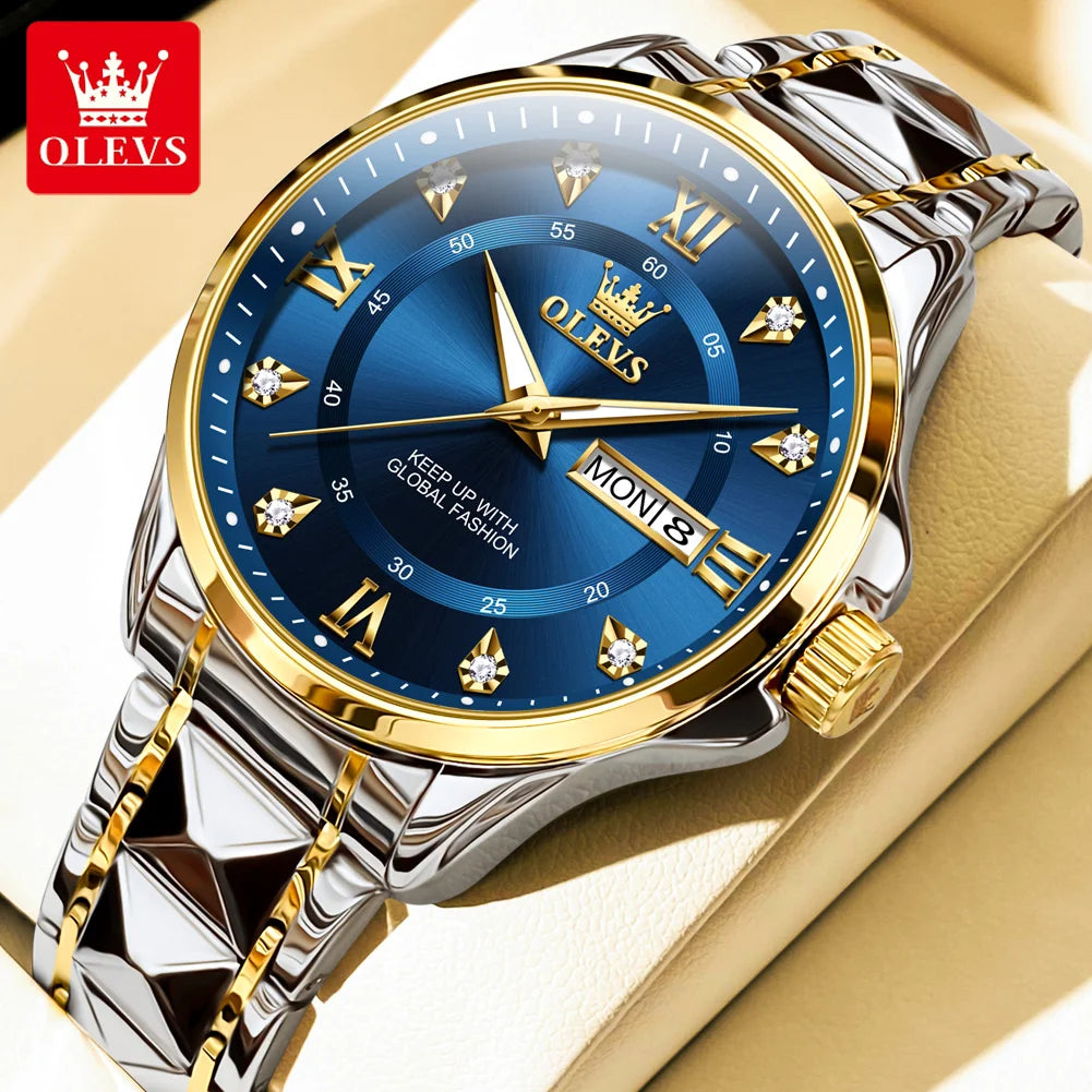 OLEVS High Quality Luxury Watches for Men Stainless Steel Dual Calendar Luminous Waterproof Quartz Fashion Business Man Watch
