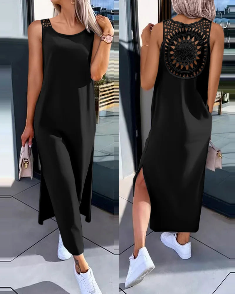 Spring Summer New Women's Clothing Solid Color V-neck Vest Back Lace Cutout Slit Casual Dress
