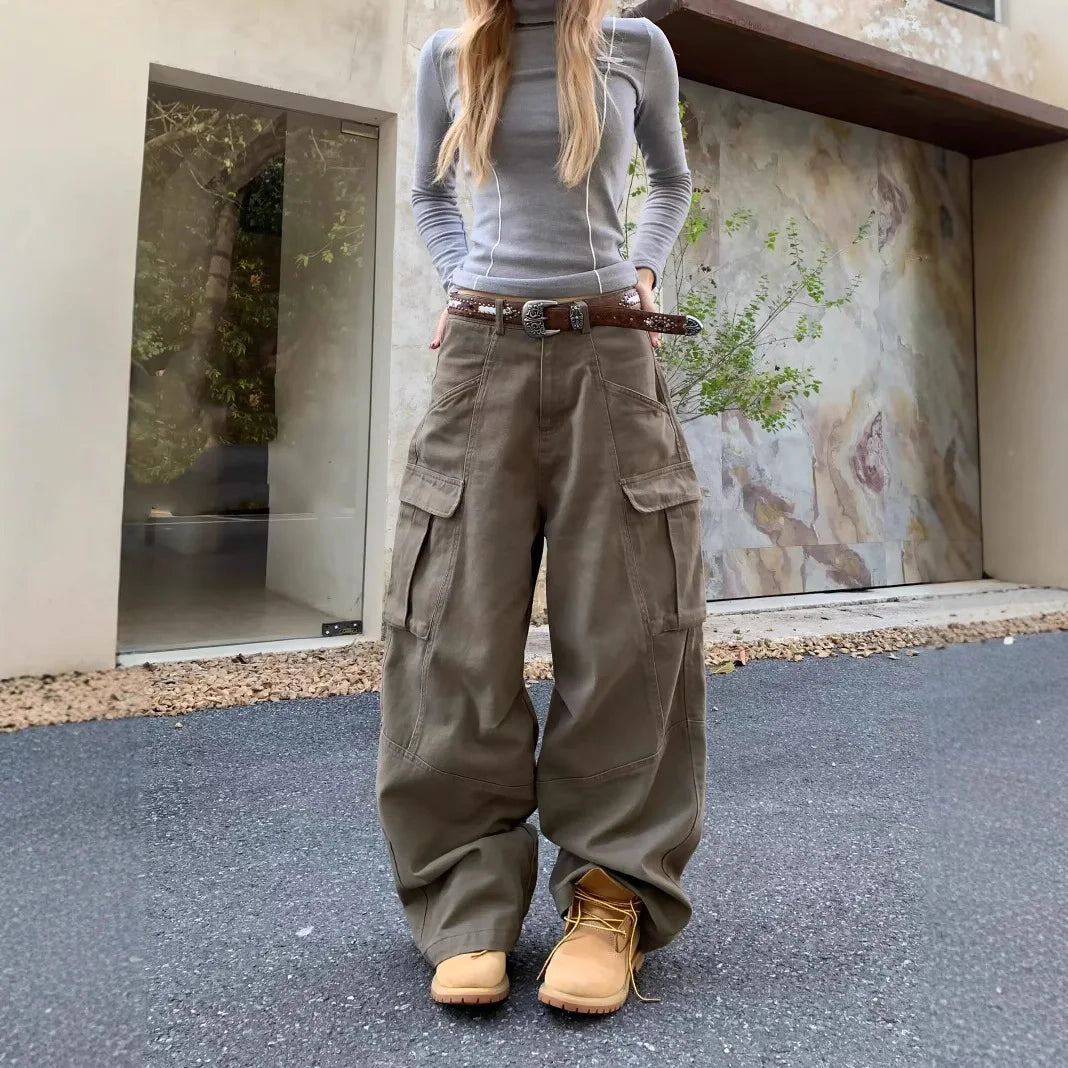New American high street brown jeans for women washing straight spring and autumn loose casual gothic trousers wide-leg pants